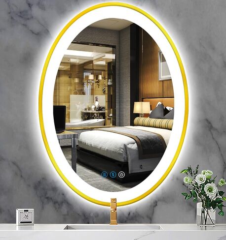 32 x 24 Inch Gold Oval LED Bathroom Mirror with Front Lights Gold Frame Oval Vanity Lighted Mirror for Bathroom Wall Oval Smart Mirror 3 Color Dimmable Anti Fog 32 Inch Oval Light up Mirror in Saudi Arabia