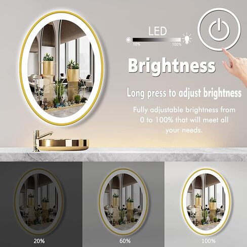 32 x 24 Inch Gold Oval LED Bathroom Mirror with Front Lights Gold Frame Oval Vanity Lighted Mirror for Bathroom Wall Oval Smart Mirror 3 Color Dimmable Anti Fog 32 Inch Oval Light up Mirror in Saudi Arabia