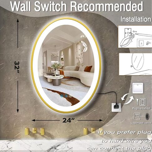 32 x 24 Inch Gold Oval LED Bathroom Mirror with Front Lights Gold Frame Oval Vanity Lighted Mirror for Bathroom Wall Oval Smart Mirror 3 Color Dimmable Anti Fog 32 Inch Oval Light up Mirror in Saudi Arabia