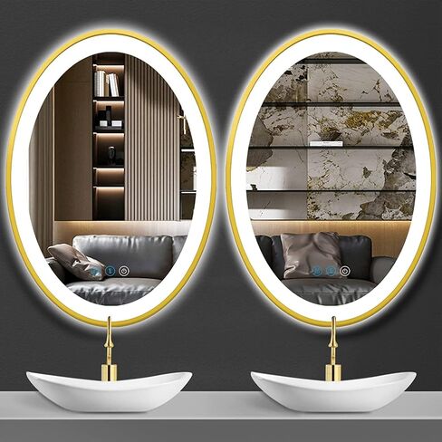 32 x 24 Inch Gold Oval LED Bathroom Mirror with Front Lights Gold Frame Oval Vanity Lighted Mirror for Bathroom Wall Oval Smart Mirror 3 Color Dimmable Anti Fog 32 Inch Oval Light up Mirror in Saudi Arabia