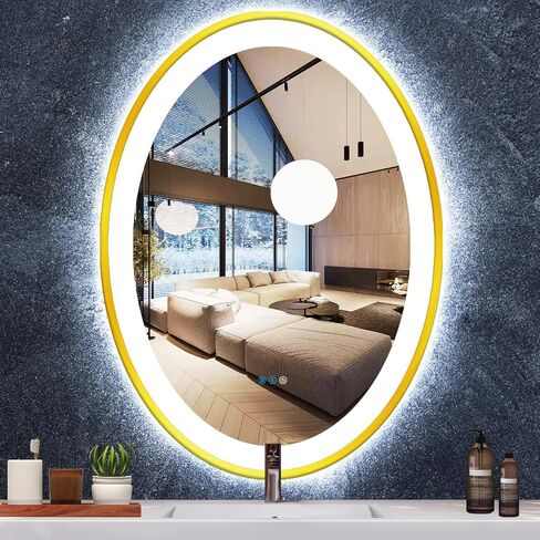 32 x 24 Inch Gold Oval LED Bathroom Mirror with Front Lights Gold Frame Oval Vanity Lighted Mirror for Bathroom Wall Oval Smart Mirror 3 Color Dimmable Anti Fog 32 Inch Oval Light up Mirror in Saudi Arabia