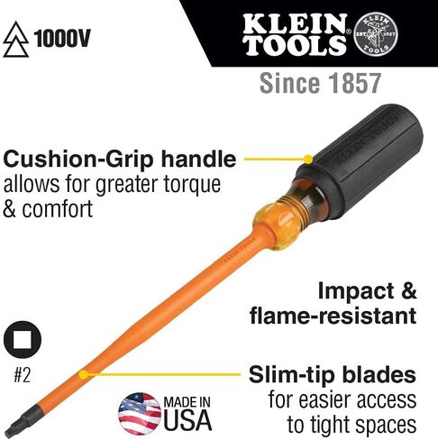 Klein Tools 6946INS 1000V Slim Tip Insulated Screwdriver, 6-Inch Round Shank, #2 Square Tip, Cushion Grip Handle in Saudi Arabia