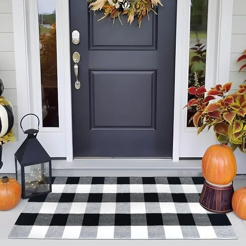 Buffalo Plaid Outdoor Rug Front Door Mat, 23.6 x 51.2'' Black White Fall Door Mat Washable Buffalo Plaid Rug Fall Decorations for Front Porch, Kitchen, Bathroom, Farmhouse, Entry Way in Saudi Arabia