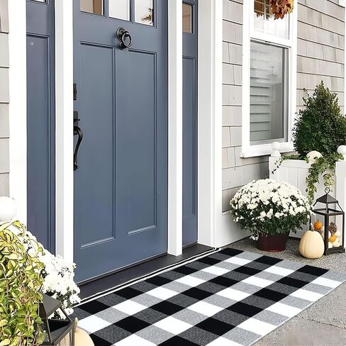 Buffalo Plaid Outdoor Rug Front Door Mat, 23.6 x 51.2'' Black White Fall Door Mat Washable Buffalo Plaid Rug Fall Decorations for Front Porch, Kitchen, Bathroom, Farmhouse, Entry Way in Saudi Arabia