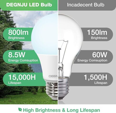 LED Light Bulbs Daylight 5000K, 60 Watt Equivalent LED Bulbs, A19 Standard Bulbs, 800 LM, 15000 Hours, E26 Base, Non-Dimmable, 8.5W LED Bulbs for Bedroom Living Room 24 Pack in Saudi Arabia