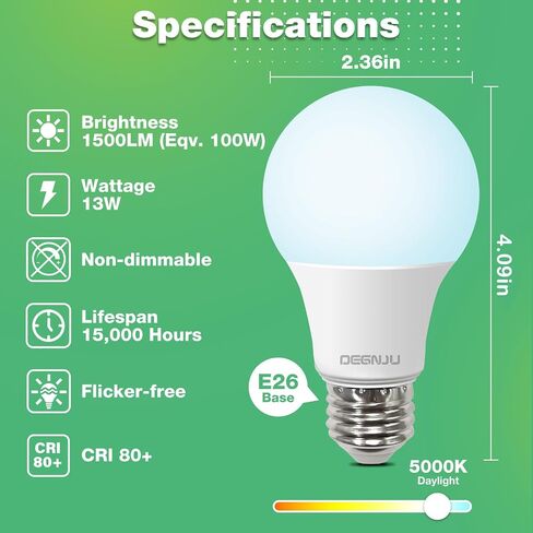 LED Light Bulbs Daylight 5000K, 60 Watt Equivalent LED Bulbs, A19 Standard Bulbs, 800 LM, 15000 Hours, E26 Base, Non-Dimmable, 8.5W LED Bulbs for Bedroom Living Room 24 Pack in Saudi Arabia