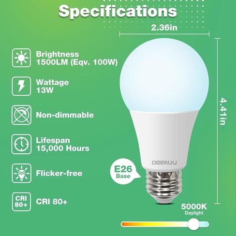 LED Light Bulbs Daylight 5000K, 60 Watt Equivalent LED Bulbs, A19 Standard Bulbs, 800 LM, 15000 Hours, E26 Base, Non-Dimmable, 8.5W LED Bulbs for Bedroom Living Room 24 Pack in Saudi Arabia