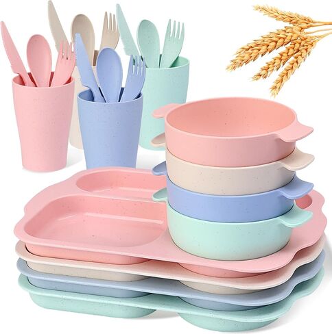 Wheat Straw Dinnerware Sets 24 Piece - Upgrade Travel Camping Cutlery Unbreakable Dinnerware Sets, Reusable Wheat Straw Plates and Bowls Sets, Dishwasher Microwave Safe Dinnerware in Saudi Arabia