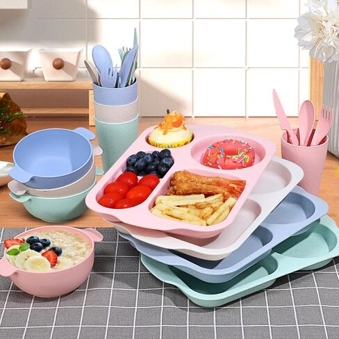 Wheat Straw Dinnerware Sets 24 Piece - Upgrade Travel Camping Cutlery Unbreakable Dinnerware Sets, Reusable Wheat Straw Plates and Bowls Sets, Dishwasher Microwave Safe Dinnerware in Saudi Arabia