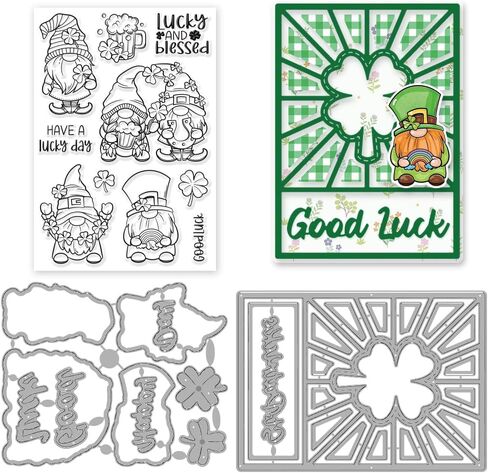 INFUNLY St. Patricks Day Clover Clear Stamp and Die Cut for Card Making Label Cutting Die Blessing Word Rubber Stamp Transparent Silicone Stamp for DIY Scrapbooking Paper Photo Album Decor in Kuwait