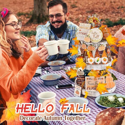 ديكور الخريف - ديكور صينية بطبقات الخريف مع أضواء، مجموعة 19 قطعة من ديكورات صينية الخريف تتضمن علامات جنوم الخشبية وأوراق الخريف مع قرع أضواء لطاولة المنزل الخريفية (الحصاد) in Saudi Arabia