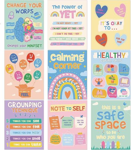 9 قطع من ملصقات الصحة العقلية من Pasimy، ملصق تحفيزي للعلاج بألوان قوس قزح، ملصقات ملهمة لمستشار المدرسة، ملصق علم النفس الإيجابي لديكور المنزل والمدرسة والمكتب والفصل الدراسي in Kuwait