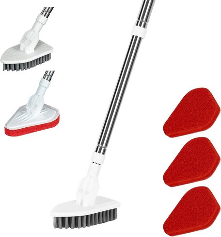 Shower Cleaning Scrub Brush with Long Handle - 2 in 1 Extendable Tub & Tile Floor Scrubber Brush with 3 Sponge Brush & 1 Stiff Bristle, for Bathroom Toilet Bathtub Kitchen Wall Window in Saudi Arabia