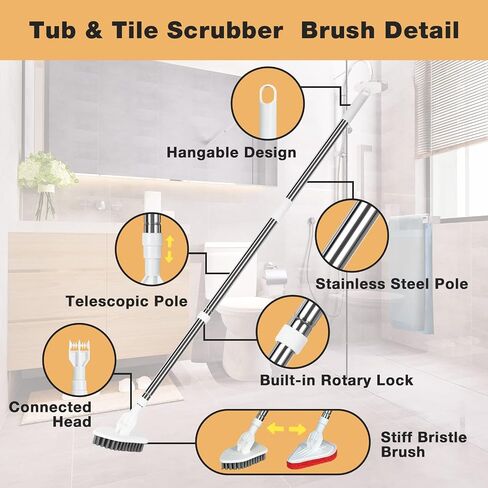 Shower Cleaning Scrub Brush with Long Handle - 2 in 1 Extendable Tub & Tile Floor Scrubber Brush with 3 Sponge Brush & 1 Stiff Bristle, for Bathroom Toilet Bathtub Kitchen Wall Window in Saudi Arabia