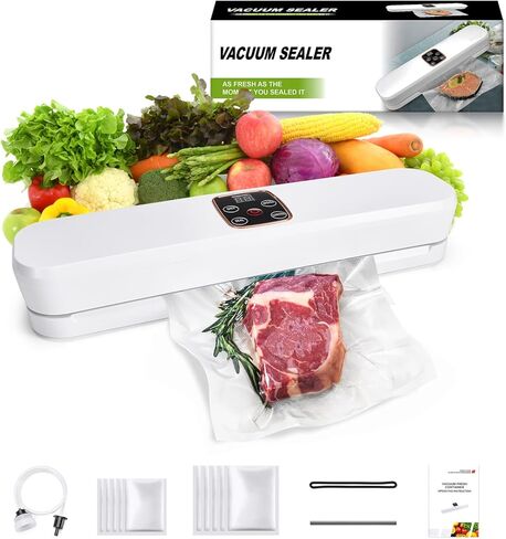 ماكينة غلق أكياس الطعام ميترونيك، مجموعة قوية 4 في 1 لغلق أكياس الطعام، أوضاع حفظ الطعام الجاف والرطب مع 10 أكياس، خرطوم شفط الهواء، أضواء مؤشر LED، ماكينة غلق الأكياس الصغيرة باللون الأبيض in Kuwait