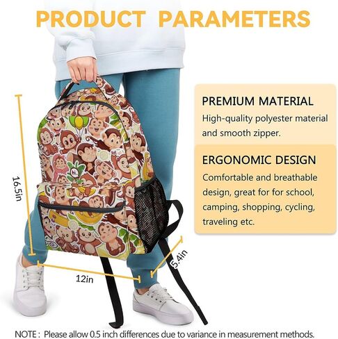 Monkey Backpack for Girls & Boys, 16 Inch Monkeys Print Backpacks for School, Cute Lightweight Bookbag for Kids in Saudi Arabia