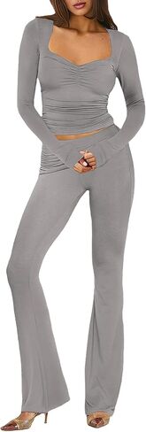Aisbei Women's 2 Piece Outfits Lounge Sets Long Sleeve Square Neck Ruched Tops Fold Over Flare Pants Tracksuits Sweatsuits in Saudi Arabia