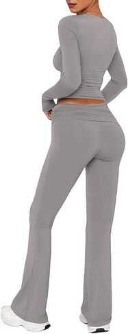 Aisbei Women's 2 Piece Outfits Lounge Sets Long Sleeve Square Neck Ruched Tops Fold Over Flare Pants Tracksuits Sweatsuits in Saudi Arabia