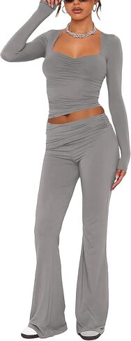 Aisbei Women's 2 Piece Outfits Lounge Sets Long Sleeve Square Neck Ruched Tops Fold Over Flare Pants Tracksuits Sweatsuits in Saudi Arabia