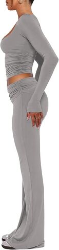 Aisbei Women's 2 Piece Outfits Lounge Sets Long Sleeve Square Neck Ruched Tops Fold Over Flare Pants Tracksuits Sweatsuits in Saudi Arabia