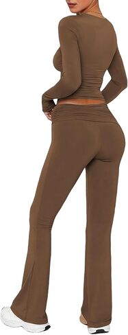 Aisbei Women's 2 Piece Outfits Lounge Sets Long Sleeve Square Neck Ruched Tops Fold Over Flare Pants Tracksuits Sweatsuits in Saudi Arabia