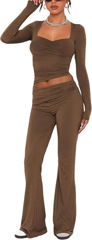 Aisbei Women's 2 Piece Outfits Lounge Sets Long Sleeve Square Neck Ruched Tops Fold Over Flare Pants Tracksuits Sweatsuits in Saudi Arabia