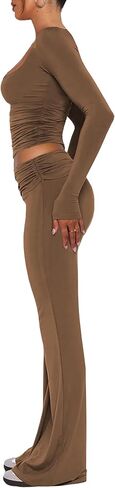 Aisbei Women's 2 Piece Outfits Lounge Sets Long Sleeve Square Neck Ruched Tops Fold Over Flare Pants Tracksuits Sweatsuits in Saudi Arabia