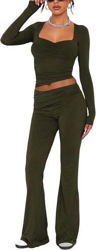 Aisbei Women's 2 Piece Outfits Lounge Sets Long Sleeve Square Neck Ruched Tops Fold Over Flare Pants Tracksuits Sweatsuits in Saudi Arabia