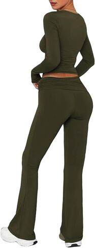 Aisbei Women's 2 Piece Outfits Lounge Sets Long Sleeve Square Neck Ruched Tops Fold Over Flare Pants Tracksuits Sweatsuits in Saudi Arabia