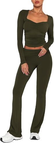 Aisbei Women's 2 Piece Outfits Lounge Sets Long Sleeve Square Neck Ruched Tops Fold Over Flare Pants Tracksuits Sweatsuits in Saudi Arabia
