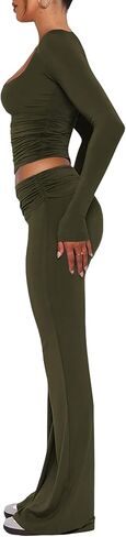 Aisbei Women's 2 Piece Outfits Lounge Sets Long Sleeve Square Neck Ruched Tops Fold Over Flare Pants Tracksuits Sweatsuits in Saudi Arabia