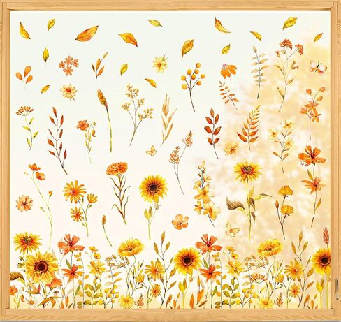 Whaline 6 Sheet Fall Floral Window Clings Sunflower Wild Flower Reusable Window Decals for Autumn Thanksgiving Seasonal Holiday Supplies Glass Home Decor in Saudi Arabia
