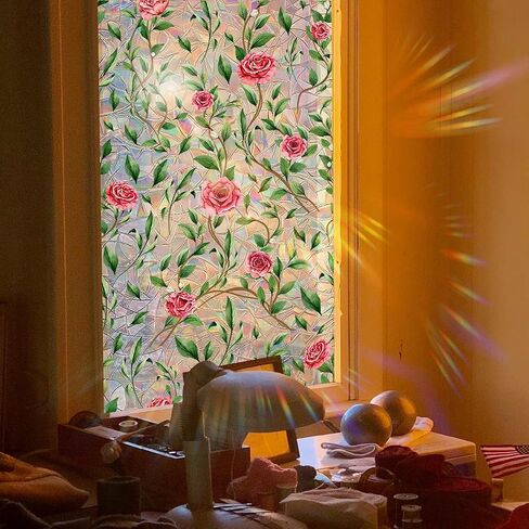Window Film, Decorative Flower Window Privacy Film, Pink Rose Floral Double Sided Static Glass Window Clings Stickers for Home Office Living Room Bathroom Room Glass Windows Door Decor in Saudi Arabia