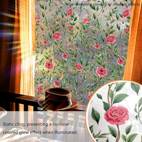 Window Film, Decorative Flower Window Privacy Film, Pink Rose Floral Double Sided Static Glass Window Clings Stickers for Home Office Living Room Bathroom Room Glass Windows Door Decor in Saudi Arabia