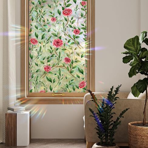 Window Film, Decorative Flower Window Privacy Film, Pink Rose Floral Double Sided Static Glass Window Clings Stickers for Home Office Living Room Bathroom Room Glass Windows Door Decor in Saudi Arabia
