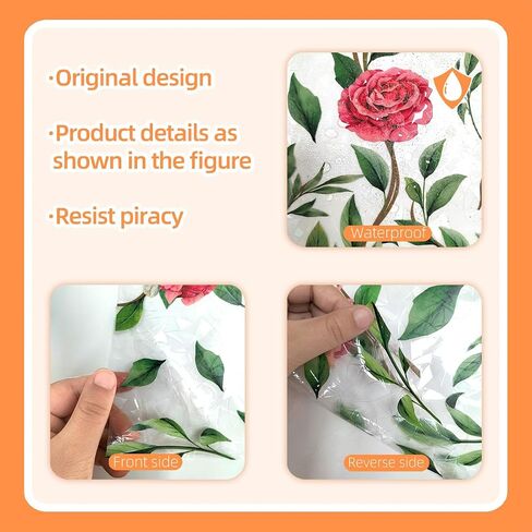 Window Film, Decorative Flower Window Privacy Film, Pink Rose Floral Double Sided Static Glass Window Clings Stickers for Home Office Living Room Bathroom Room Glass Windows Door Decor in Saudi Arabia