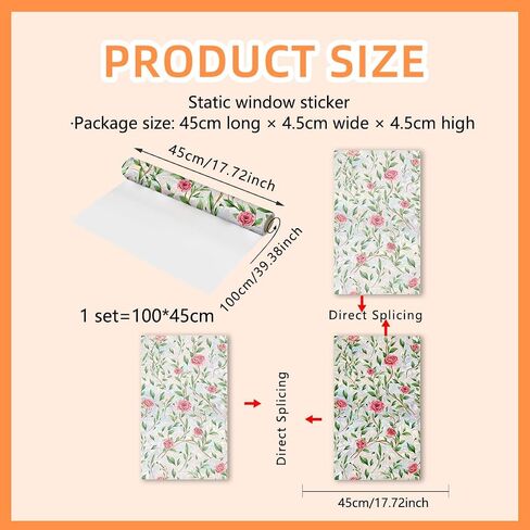Window Film, Decorative Flower Window Privacy Film, Pink Rose Floral Double Sided Static Glass Window Clings Stickers for Home Office Living Room Bathroom Room Glass Windows Door Decor in Saudi Arabia