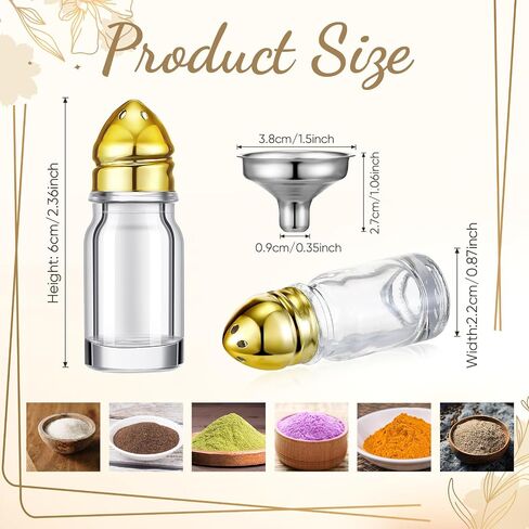 24 Pcs Small Salt and Pepper Shakers with Plating Tops Mini Glass Seasoning Jars Salt Bottle with 2 Pcs Stainless Steel Funnel for Home Wedding Table Party Restaurant Kitchen(Gold) in Saudi Arabia