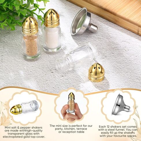 24 Pcs Small Salt and Pepper Shakers with Plating Tops Mini Glass Seasoning Jars Salt Bottle with 2 Pcs Stainless Steel Funnel for Home Wedding Table Party Restaurant Kitchen(Gold) in Saudi Arabia