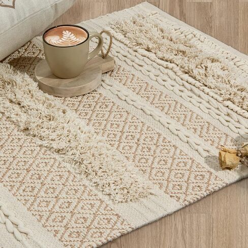 SUMGAR Boho Tribal Area Rug 3x5 Woven Cotton Rug for Bedroom, Washabel Rug, Bedroom Decor, Cute Beige Cream Neutral Rug, Handmade Tufted Knoted Soft Rug with Lurex, Rugs for Living Room Entryway in Saudi Arabia