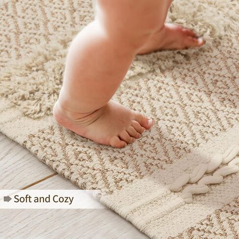 SUMGAR Boho Tribal Area Rug 3x5 Woven Cotton Rug for Bedroom, Washabel Rug, Bedroom Decor, Cute Beige Cream Neutral Rug, Handmade Tufted Knoted Soft Rug with Lurex, Rugs for Living Room Entryway in Saudi Arabia