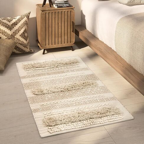 SUMGAR Boho Tribal Area Rug 3x5 Woven Cotton Rug for Bedroom, Washabel Rug, Bedroom Decor, Cute Beige Cream Neutral Rug, Handmade Tufted Knoted Soft Rug with Lurex, Rugs for Living Room Entryway in Saudi Arabia