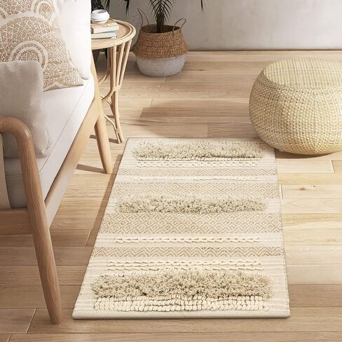 SUMGAR Boho Tribal Area Rug 3x5 Woven Cotton Rug for Bedroom, Washabel Rug, Bedroom Decor, Cute Beige Cream Neutral Rug, Handmade Tufted Knoted Soft Rug with Lurex, Rugs for Living Room Entryway in Saudi Arabia