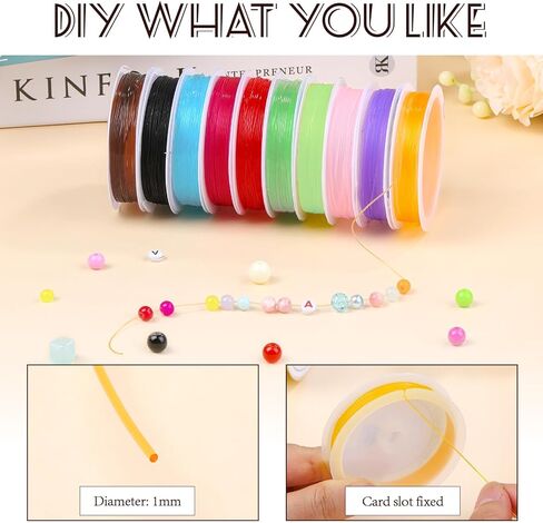 Elastic String for Jewelry Making, String Crystal Elastic Cord, 10 Rolls Color Stretchy String with 3 Pcs Large Eye Beading Needles and Scissors, for Seed Beads, Pony Beads, Bracelets in Kuwait