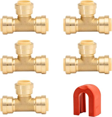 QuickFitting 1/2 inch Push On Tee Connector | Patented Design for Superior Sealing | Push to Connect Brass Plumbing Pipe Fitting | for Copper, PEX and CPVC | 5-Pack Tees in Saudi Arabia