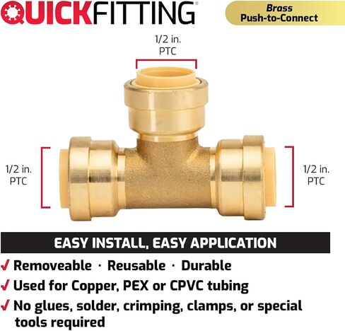 QuickFitting 1/2 inch Push On Tee Connector | Patented Design for Superior Sealing | Push to Connect Brass Plumbing Pipe Fitting | for Copper, PEX and CPVC | 5-Pack Tees in Saudi Arabia