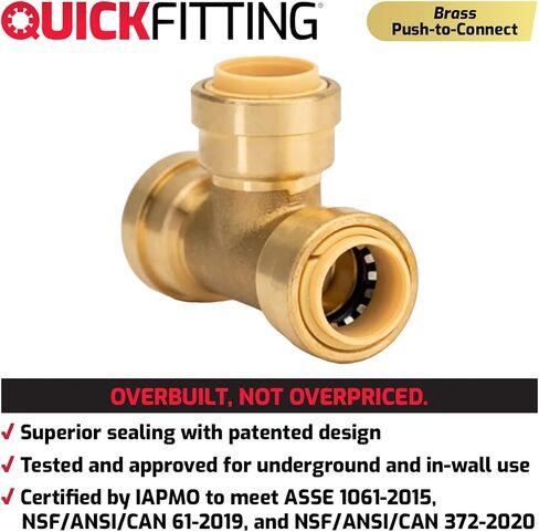 QuickFitting 1/2 inch Push On Tee Connector | Patented Design for Superior Sealing | Push to Connect Brass Plumbing Pipe Fitting | for Copper, PEX and CPVC | 5-Pack Tees in Saudi Arabia