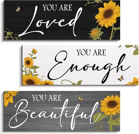 3 Pieces Sunflower Wooden Hanging Wall Art Positive Quotes You Are Enough Inspirational Word Sign Decors For Teen Girls Women Room (Sunflower 4.7 x 13.7 inch) in Saudi Arabia