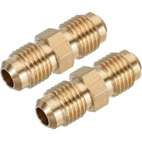MECCANIXITY Brass Tube Coupler, 1/4" Flare x 1/4" Flare Male Connector Pipe Coupling Fitting Union Gas Adapter for HVAC Air Conditioner, Pack of 2