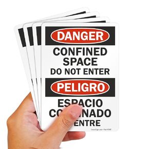 SmartSign (Pack of 4) 7 x 5 inch “Danger - Confined Space, Do Not Enter" OSHA Bilingual Sticker Labels, 5 mil Laminated Polyester with SuperStick Adhesive, Red, Black and White, Made in USA
